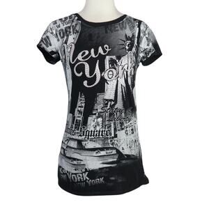 Vintage Y2K Davida Black and White New York Rhinestone Graphic Tee S
